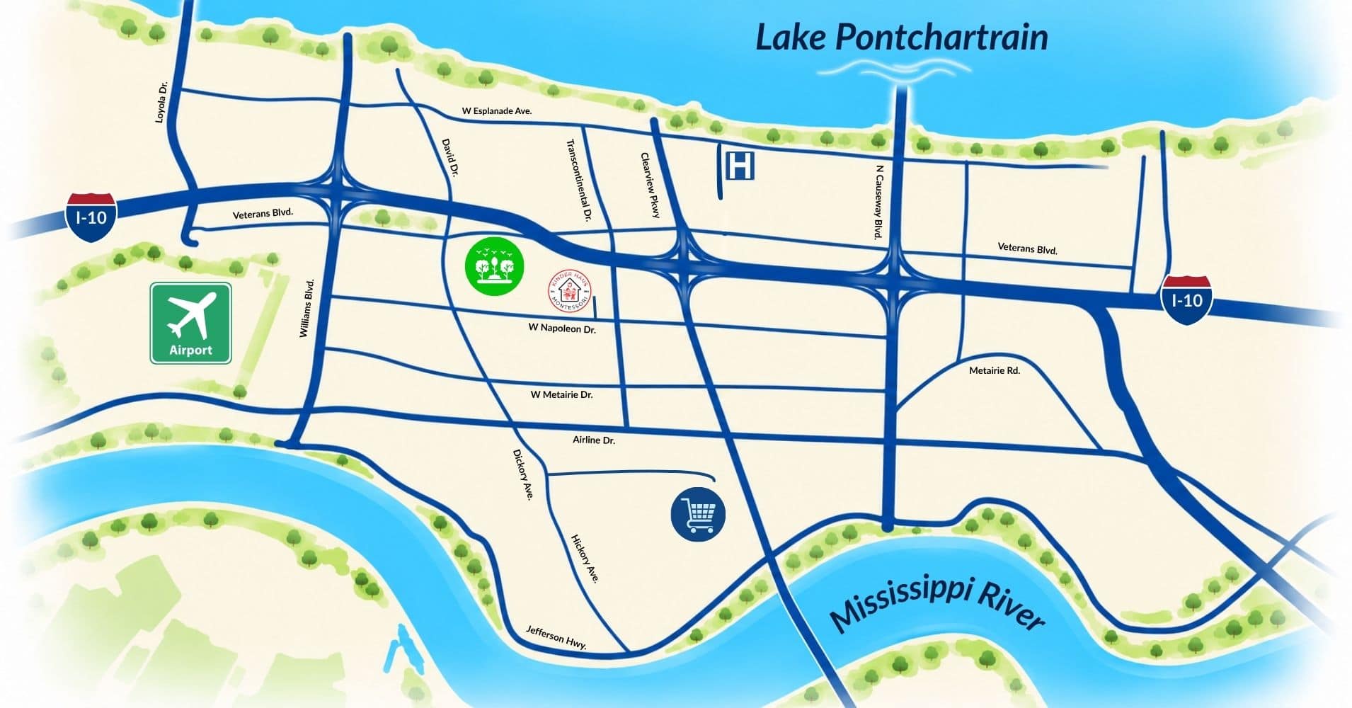 Kinder-Haus-metro-map Illustrated city map showing major roads, Lake Pontchartrain, the Mississippi River, an airport, a hospital, a shopping cart icon, and park icons.