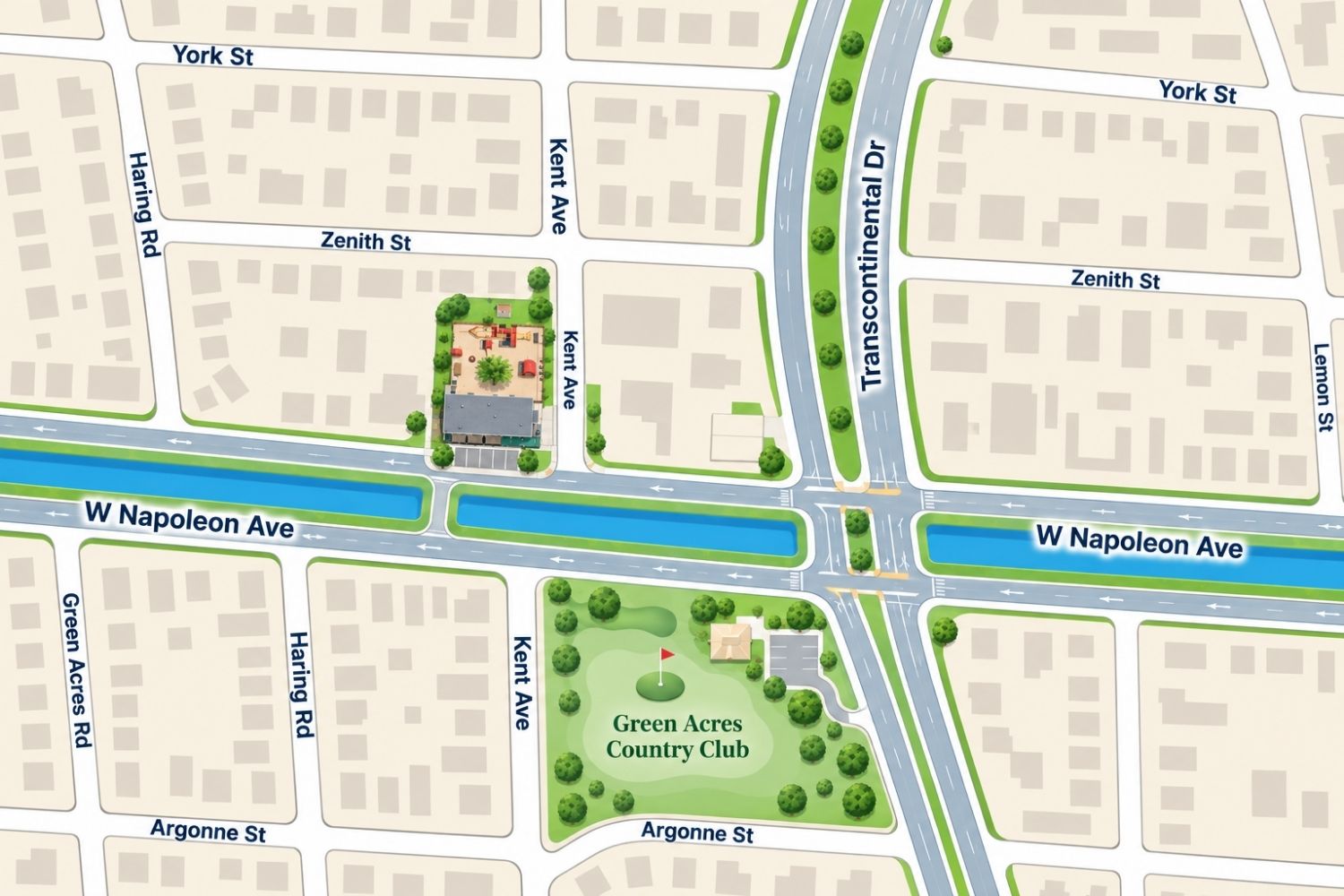 Map showing W Napoleon Ave, Transcontinental Dr, Green Acres Country Club, nearby streets, and residential blocks. Main landmarks are marked with icons and labeled names.