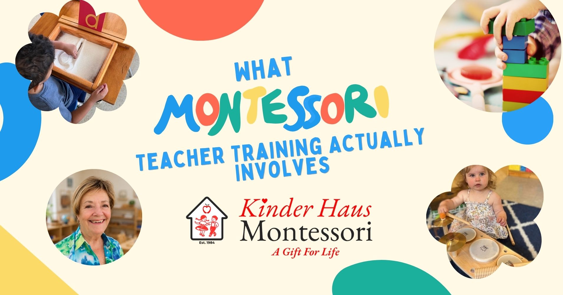 Infographic titled “What Montessori Teacher Training Actually Involves” featuring the Kinder Haus Montessori logo and photos of children engaged in learning activities.